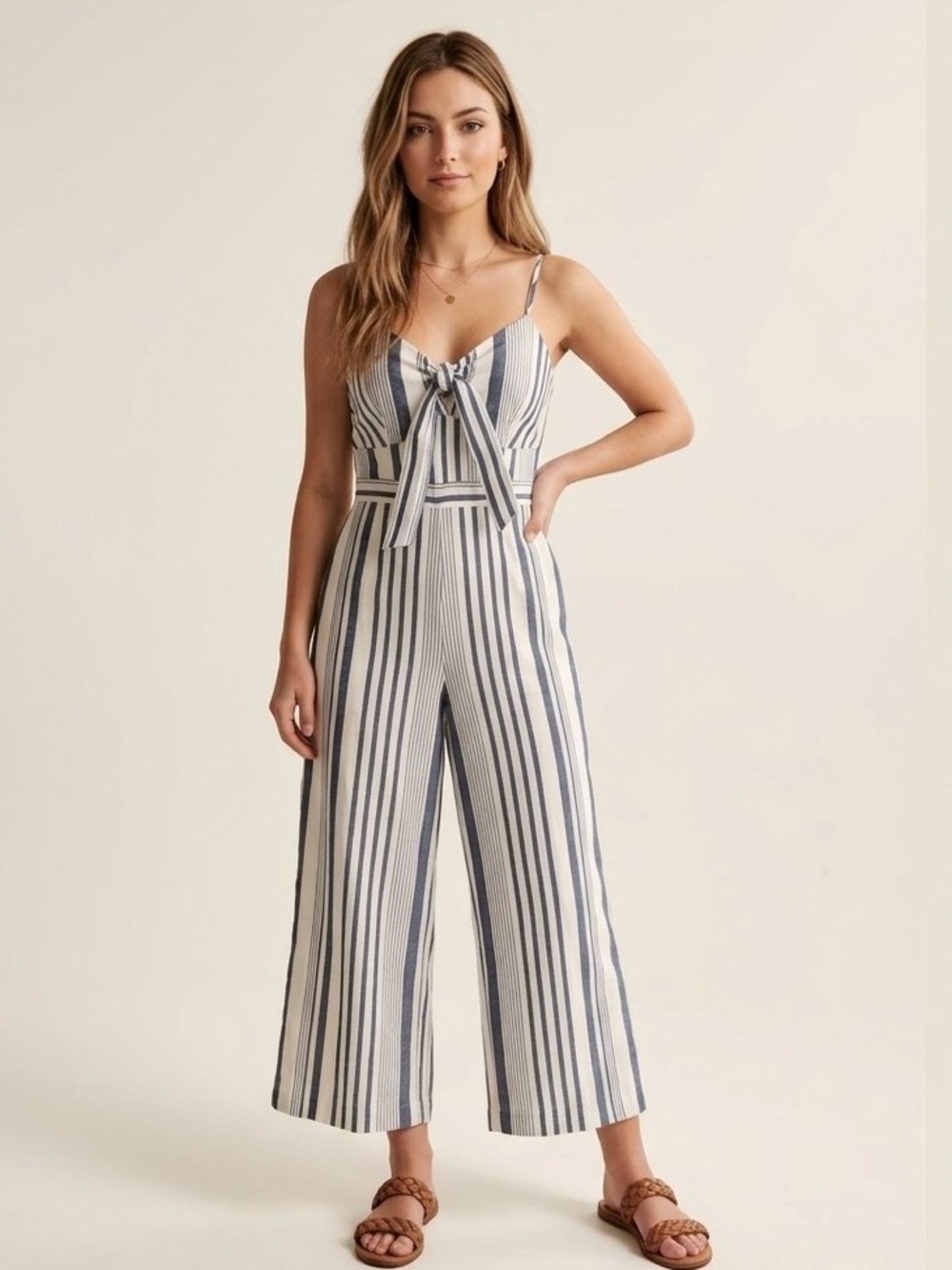 Japna Blue and White Striped Capri Jumpsuit - Size Small - NWT